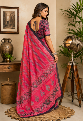 dark pink printed chanderi cotton ready to wear saree with unstitched blouse 4