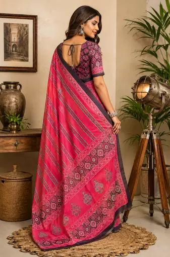 dark pink printed chanderi cotton ready to wear saree with unstitched blouse
