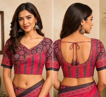 dark pink printed chanderi cotton ready to wear saree with unstitched blouse 5