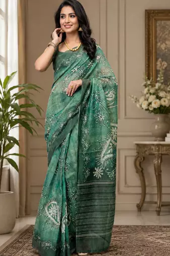 green printed chanderi cotton ready to wear saree with unstitched blouse