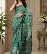 green printed chanderi cotton ready to wear saree with unstitched blouse