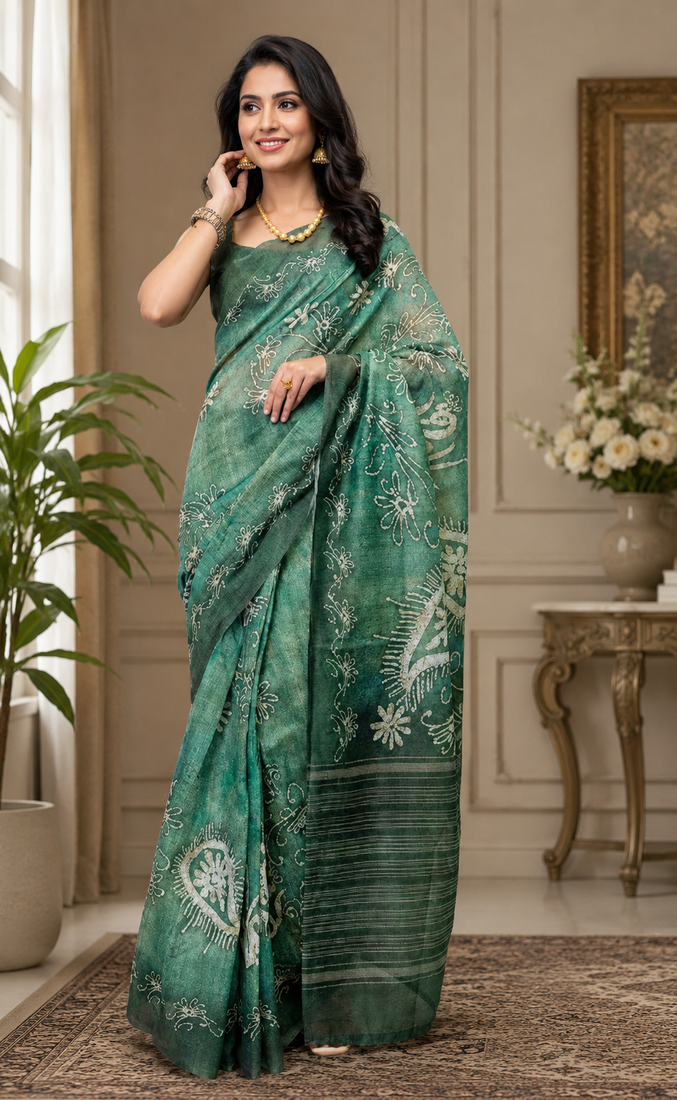 green printed chanderi cotton ready to wear saree with unstitched blouse