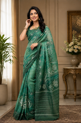 green printed chanderi cotton ready to wear saree with unstitched blouse 2