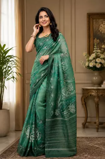 green printed chanderi cotton ready to wear saree with unstitched blouse