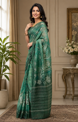 green printed chanderi cotton ready to wear saree with unstitched blouse 3