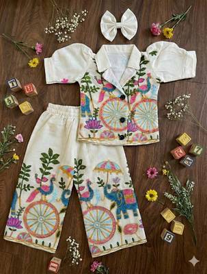 Khadi cotton embroidered girls co-ord set with bow gift 3
