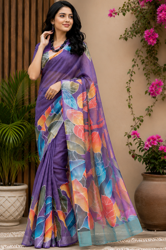 lavender printed chanderi cotton ready to wear saree with unstitched blouse