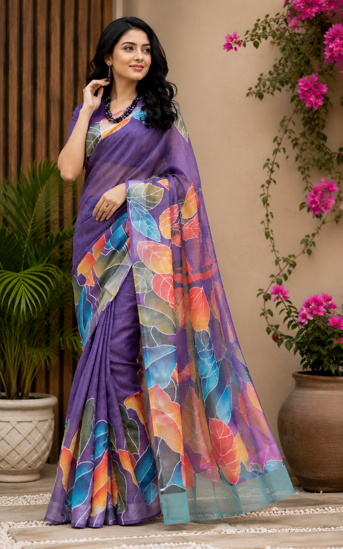 lavender printed chanderi cotton ready to wear saree with unstitched blouse