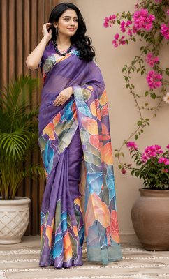 lavender printed chanderi cotton ready to wear saree with unstitched blouse 2