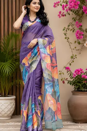 lavender printed chanderi cotton ready to wear saree with unstitched blouse
