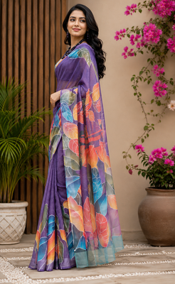 lavender printed chanderi cotton ready to wear saree with unstitched blouse 3