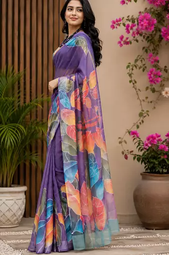 lavender printed chanderi cotton ready to wear saree with unstitched blouse