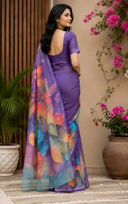 lavender printed chanderi cotton ready to wear saree with unstitched blouse 4