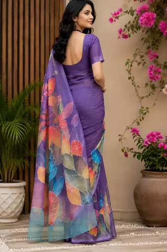 lavender printed chanderi cotton ready to wear saree with unstitched blouse
