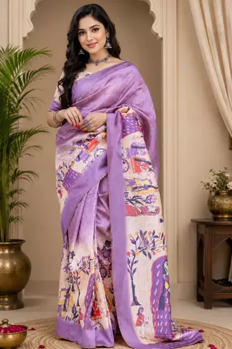 lavender printed chanderi cotton ready to wear saree with unstitched blouse