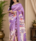 lavender printed chanderi cotton ready to wear saree with unstitched blouse