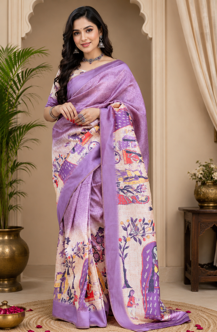 lavender printed chanderi cotton ready to wear saree with unstitched blouse