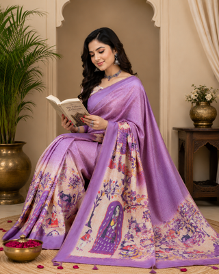 lavender printed chanderi cotton ready to wear saree with unstitched blouse 2