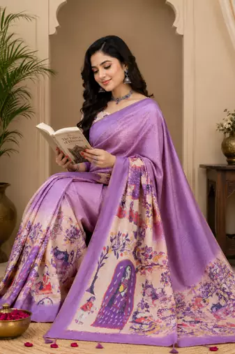 lavender printed chanderi cotton ready to wear saree with unstitched blouse