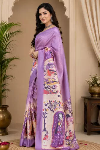 lavender printed chanderi cotton ready to wear saree with unstitched blouse