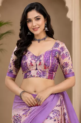 lavender printed chanderi cotton ready to wear saree with unstitched blouse
