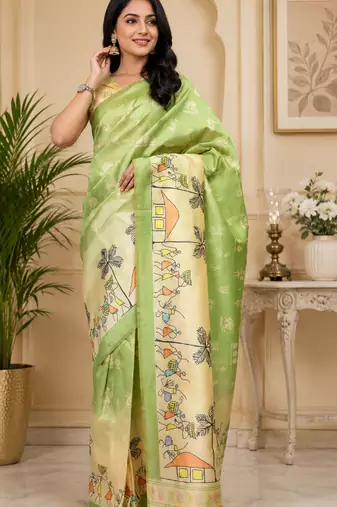 light green printed chanderi cotton ready to wear saree with unstitched blouse