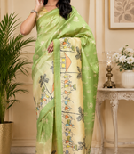 light green printed chanderi cotton ready to wear saree with unstitched blouse