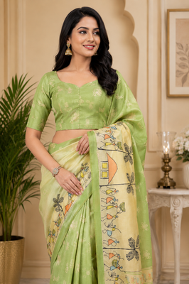 light green printed chanderi cotton ready to wear saree with unstitched blouse 2