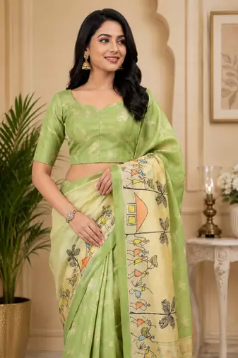 light green printed chanderi cotton ready to wear saree with unstitched blouse