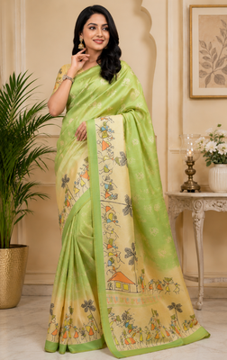 light green printed chanderi cotton ready to wear saree with unstitched blouse 3