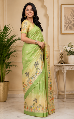 light green printed chanderi cotton ready to wear saree with unstitched blouse 4