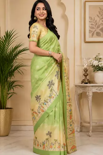 light green printed chanderi cotton ready to wear saree with unstitched blouse