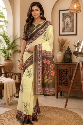 light yellow printed chanderi cotton ready to wear saree with unstitched blouse