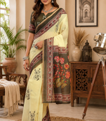 light yellow printed chanderi cotton ready to wear saree with unstitched blouse