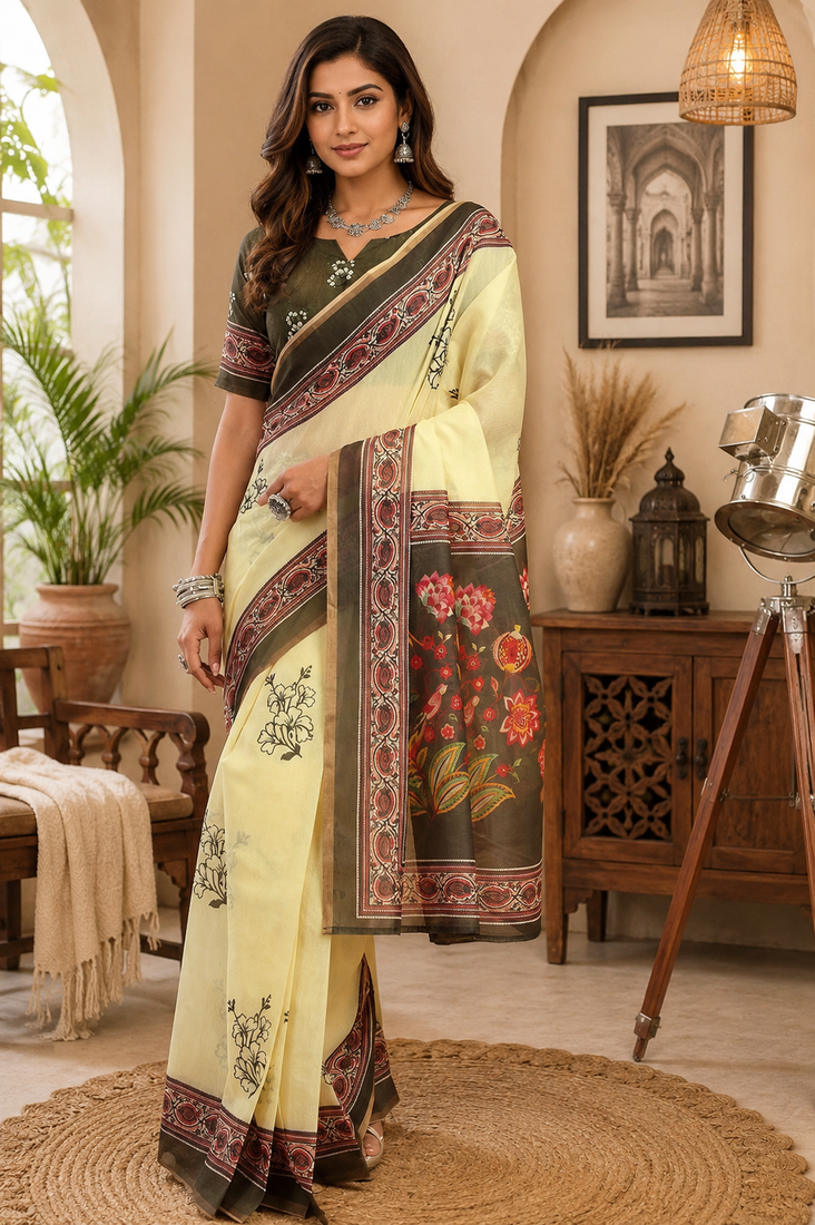 light yellow printed chanderi cotton ready to wear saree with unstitched blouse