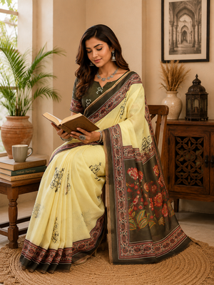 light yellow printed chanderi cotton ready to wear saree with unstitched blouse 2