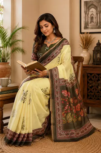 light yellow printed chanderi cotton ready to wear saree with unstitched blouse