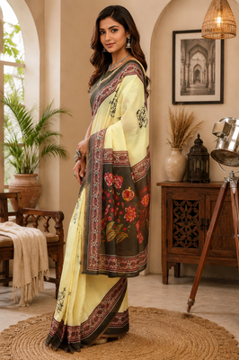 light yellow printed chanderi cotton ready to wear saree with unstitched blouse 3