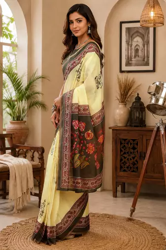 light yellow printed chanderi cotton ready to wear saree with unstitched blouse