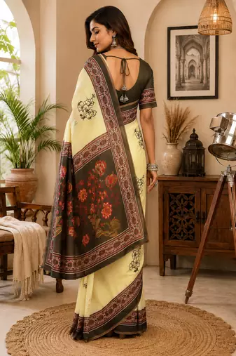 light yellow printed chanderi cotton ready to wear saree with unstitched blouse