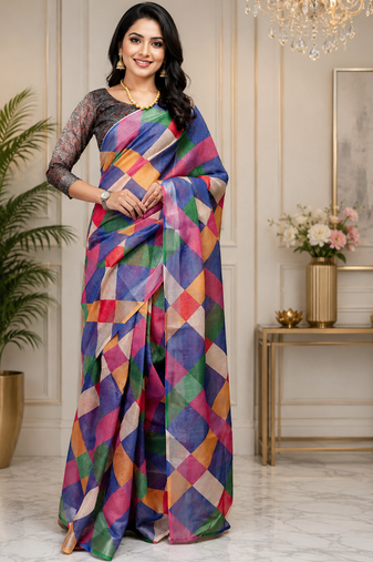 multicolor printed chanderi cotton ready to wear saree with unstitched blouse
