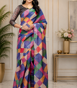 multicolor printed chanderi cotton ready to wear saree with unstitched blouse