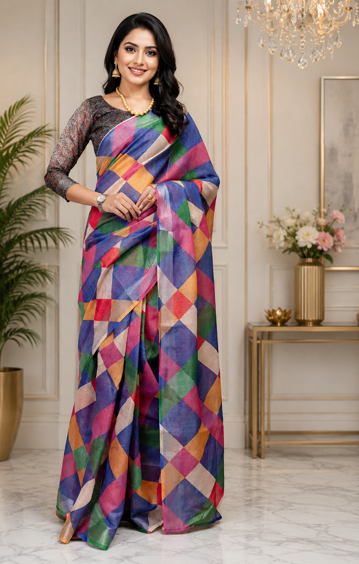 multicolor printed chanderi cotton ready to wear saree with unstitched blouse