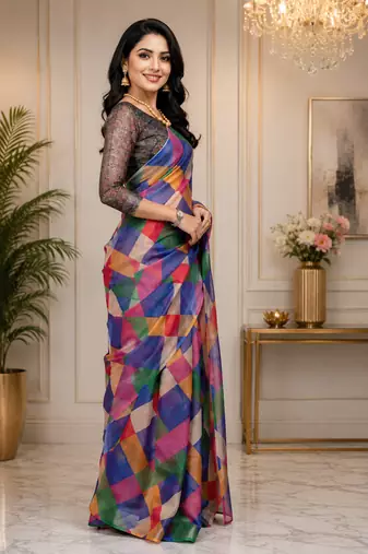 multicolor printed chanderi cotton ready to wear saree with unstitched blouse