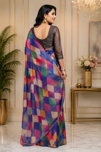 multicolor printed chanderi cotton ready to wear saree with unstitched blouse