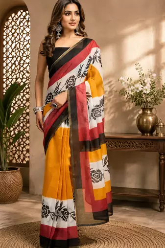 mustard printed chanderi cotton ready to wear saree with unstitched blouse