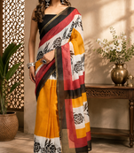 mustard printed chanderi cotton ready to wear saree with unstitched blouse
