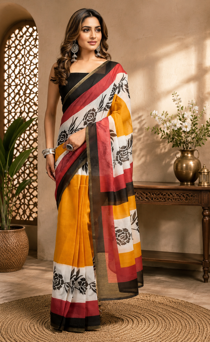 mustard printed chanderi cotton ready to wear saree with unstitched blouse