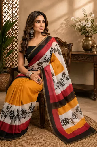 mustard printed chanderi cotton ready to wear saree with unstitched blouse