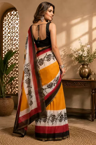 mustard printed chanderi cotton ready to wear saree with unstitched blouse